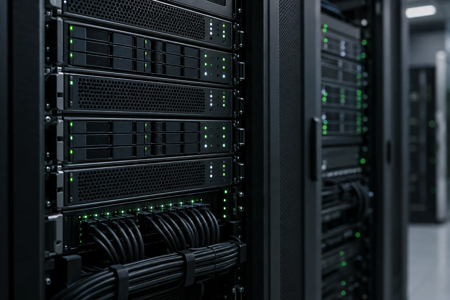 Close-up of a server rack with green status lights