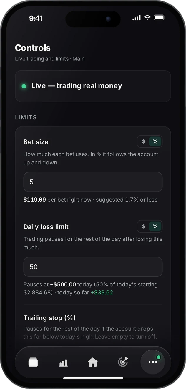 Controls screen with bet size, daily loss limit and Trailing stop settings