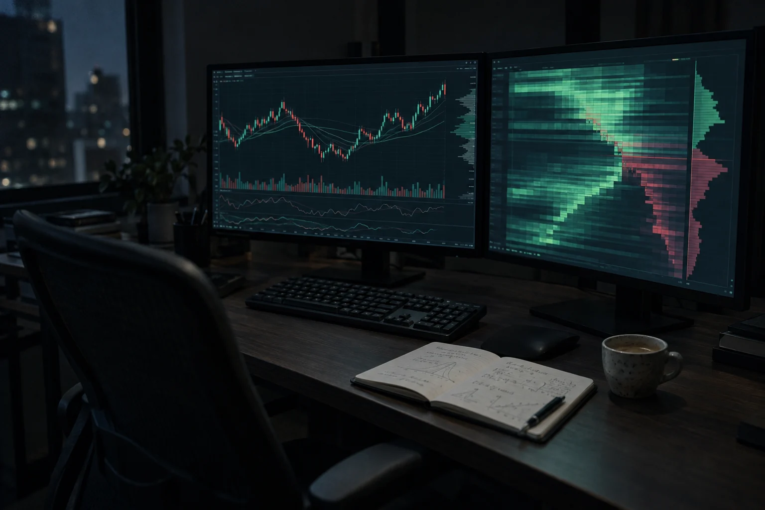A research desk at night with candlestick and order-book depth charts on two monitors