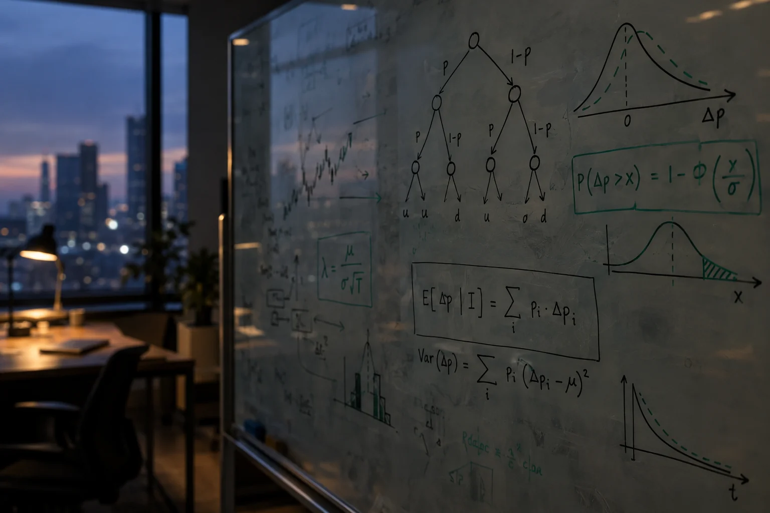 Glass whiteboard covered in probability trees and distribution sketches